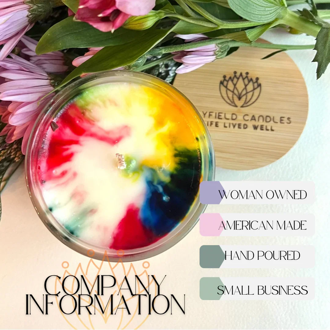 Colorful hand-poured soy candle with flowers and wood lid, woman owned small business info.