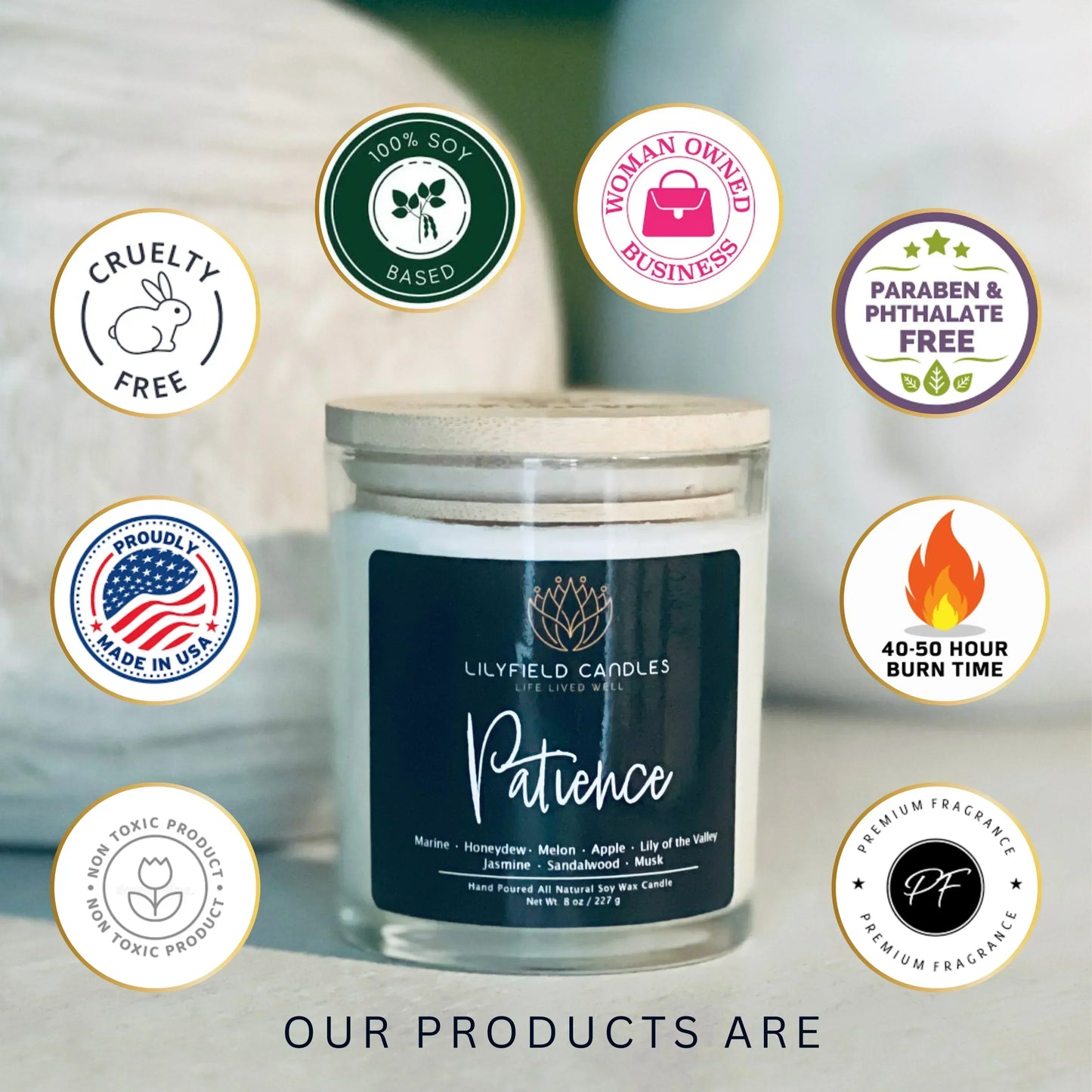 Lilyfield Candles Patience soy wax candle surrounded by cruelty free, non-toxic, woman owned, and premium fragrance icons.