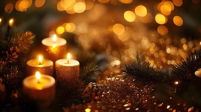 Glittery gold candles and pine branches with holiday lights and bokeh in a festive setting