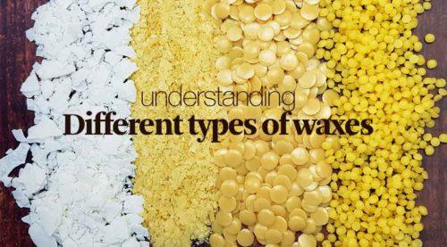 Various types of waxes in different textures and colors with text 'Different types of waxes'
