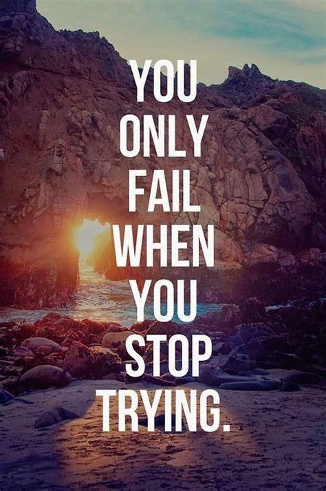 Inspirational quote 'You only fail when you stop trying' over rocky beach sunset background