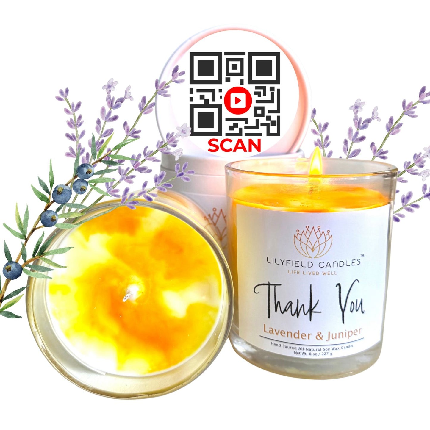 Lavender & juniper Lilyfield Candles, lit soy candle, QR code, floral accents, thank you label