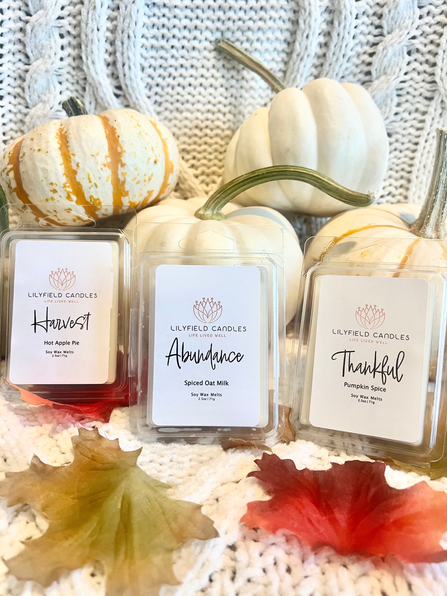 Apple pie, spiced Pumpkin pie, and Vanilla oat-milk wax melts for the fall wax melt scents of pecan, apple and pumpkin for autumn