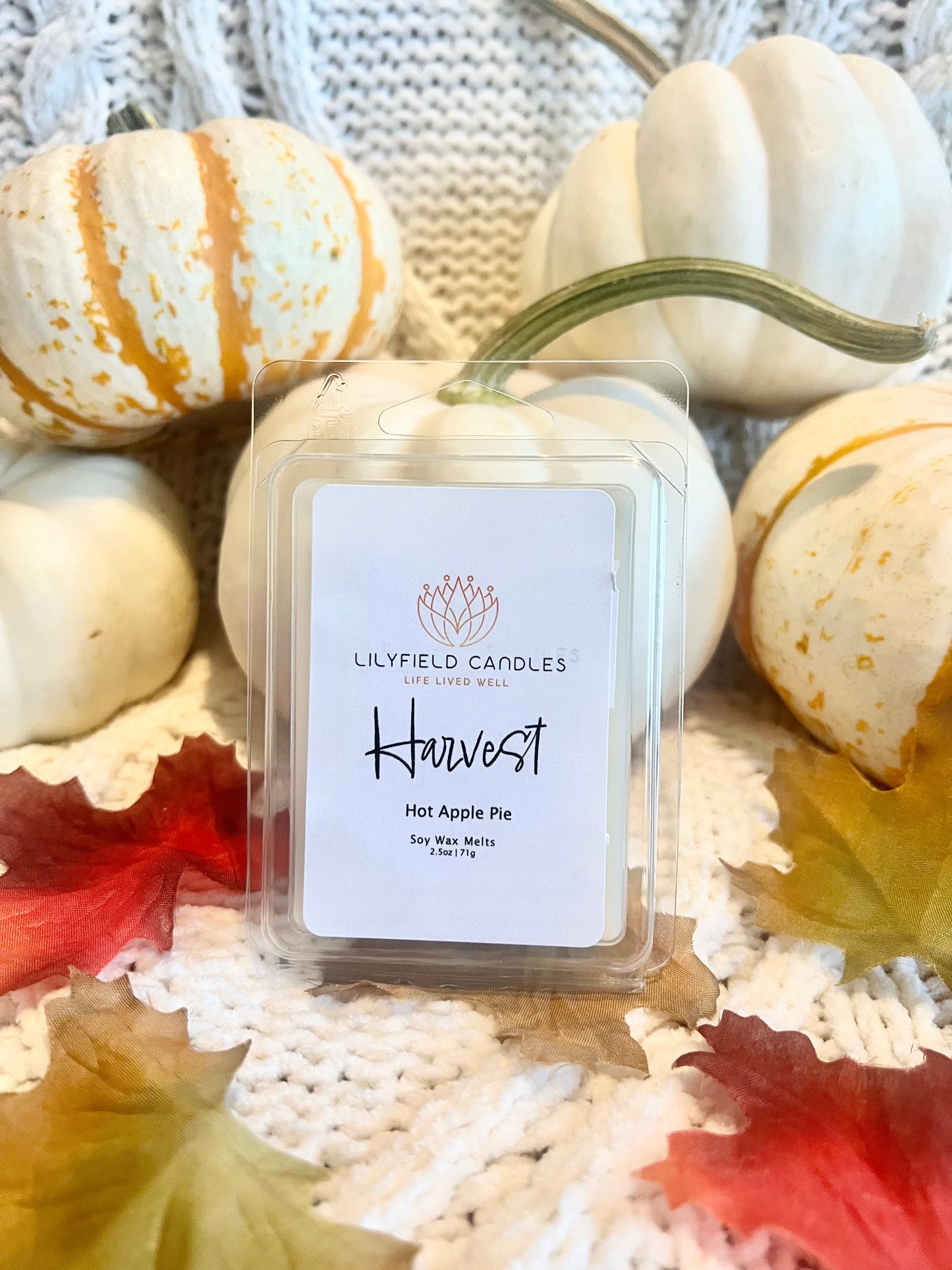 Apple pie, spiced Pumpkin pie, and Vanilla oat-milk wax melts for the fall wax melt scents of pecan, apple and pumpkin for autumn