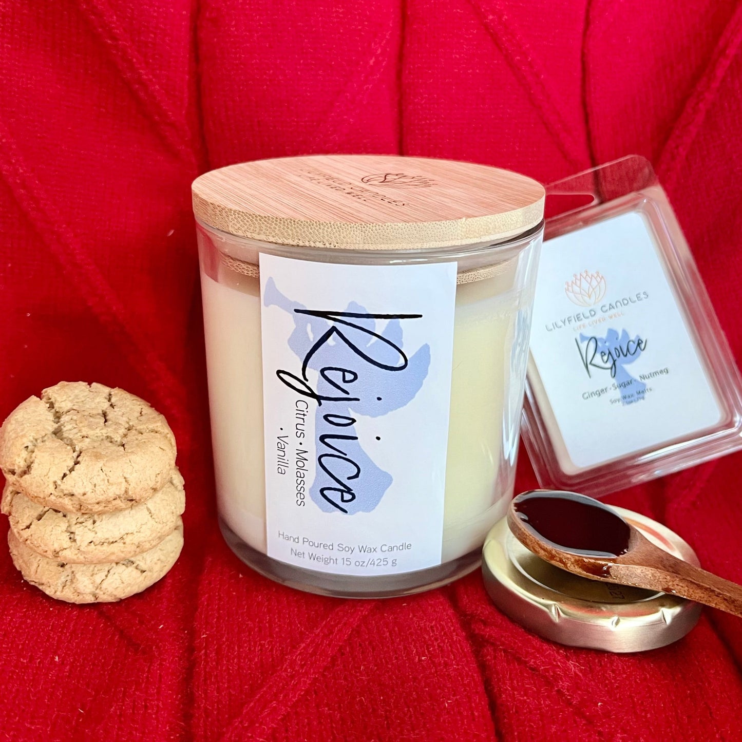 REJOICE candle Ginger, Sugar and Vanilla holiday soy candle for the Christmas season cinnamon and nutmeg candle to create a cozy holiday feel