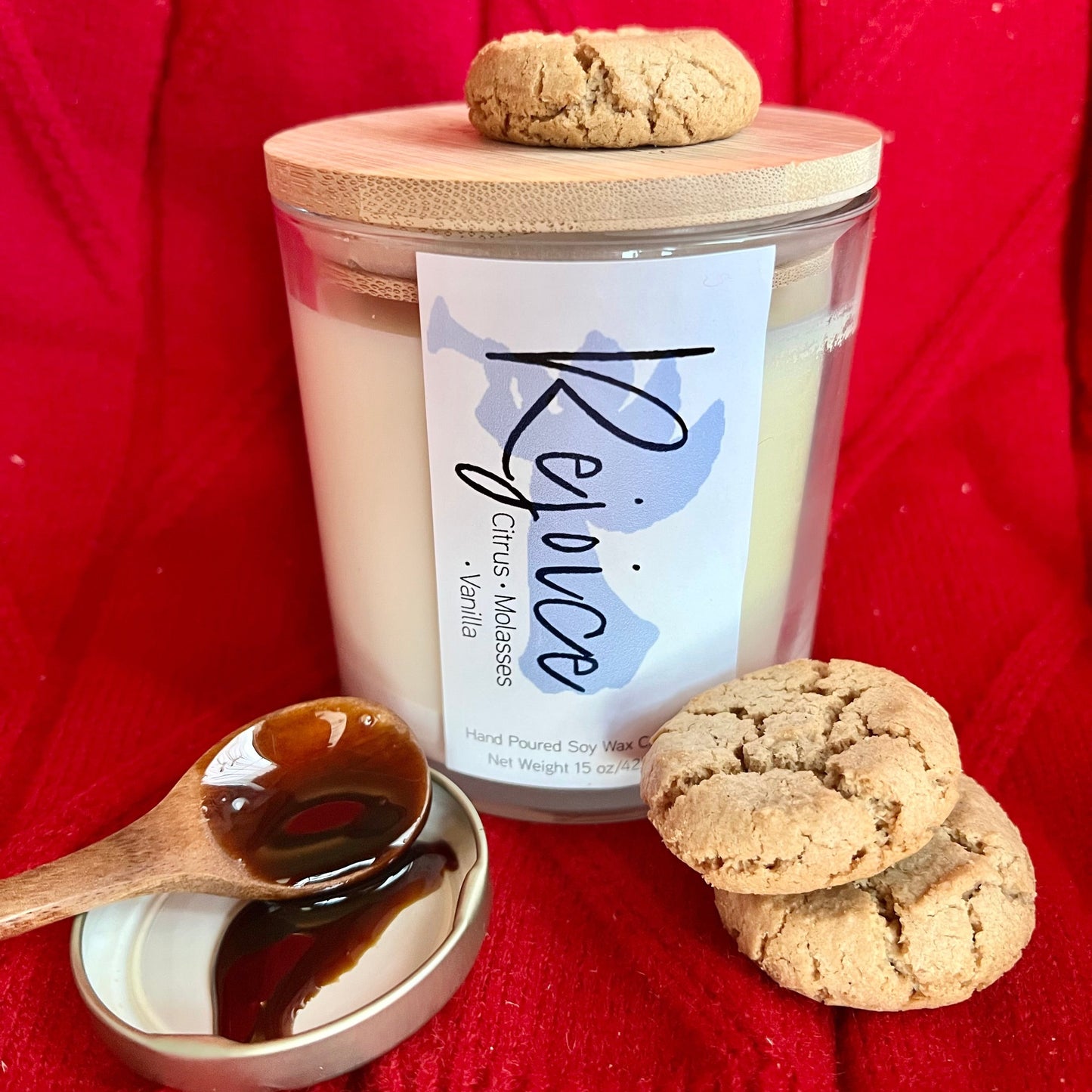 REJOICE candle Ginger, Sugar and Vanilla holiday soy candle for the Christmas season cinnamon and nutmeg candle to create a cozy holiday feel