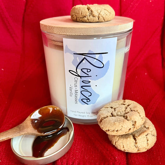 REJOICE candle Ginger, Sugar and Vanilla holiday soy candle for the Christmas season cinnamon and nutmeg candle to create a cozy holiday feel