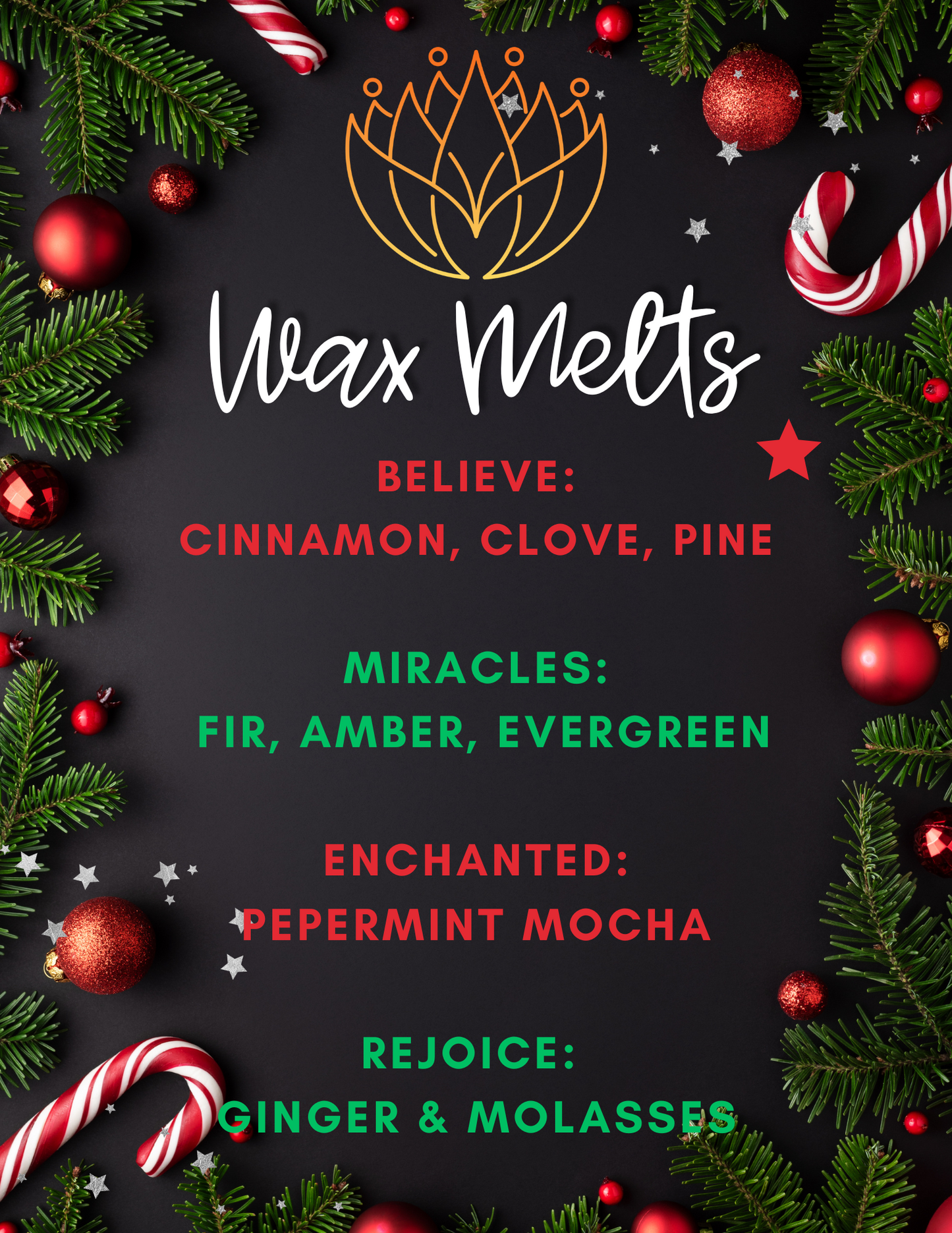 Christmas | Holiday Wax Melts- Cinnamon, Fraser Fir, Gingerbread & Peppermint Mocha